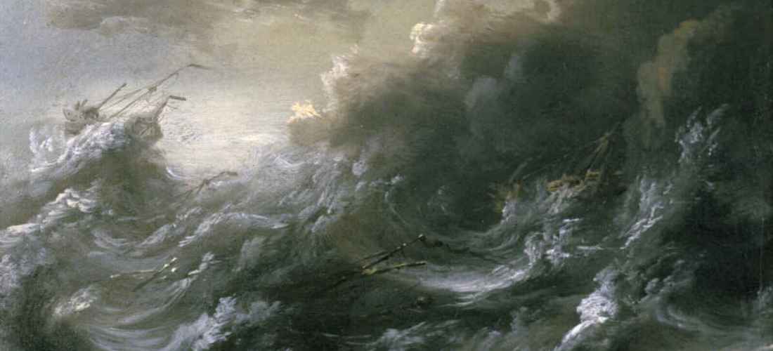 This is a picture of a painting with stormy sky, large waves and a ship struggling to stay afloat.
